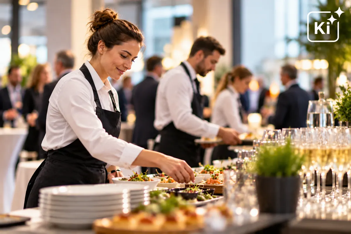 Servicepersonal richtet bei einer Abendveranstaltung das Buffet an