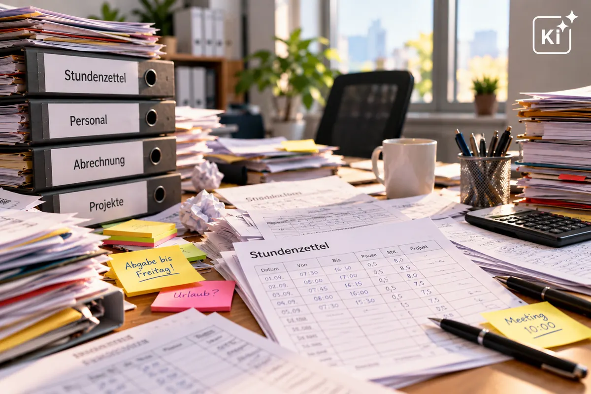 Schreibtisch voller Stundenzettel, Ordner und Notizzettel